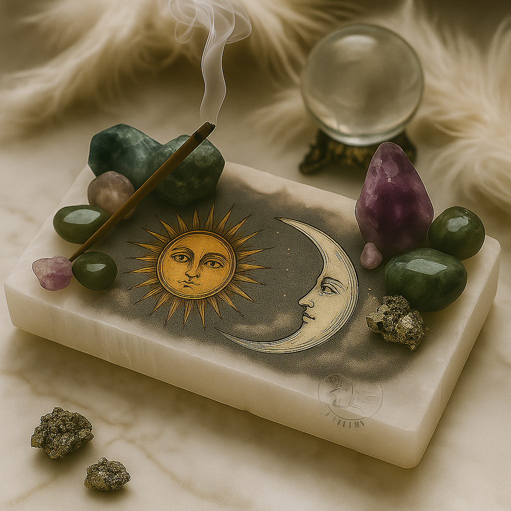 Healing crystals and gemstones arranged on a marble slab with sun and moon design, incense smoke rising, and a crystal ball in the background – SoulStone Treasures